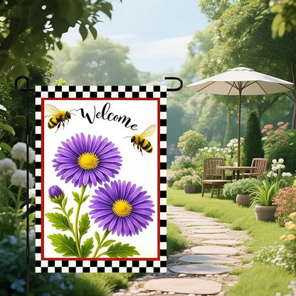 IVN Welcome Garden Flag 12x18 Inch Double Sided Spring Garden Yard Flags Bee Purple Daisy Decorative Small Flags for Outdoor Seasonal Front Door Lawn Porch Patio Decor Yard Flag