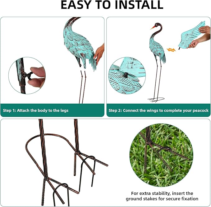 Extra-Large 47.5" Blue Heron Decor, Handcrafted Metal Crane Statue with Stable U-Ground Stakes, Backyard Decoration, Metal Garden Bird Animal Yard Art, Lawn Ornament Decor