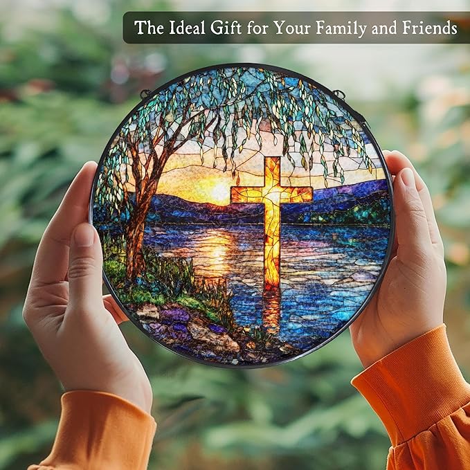 Cross Willow Tree Stained Glass Window Hanging Suncatcher, Christian Willow Sunset Sun Catcher Indoor Window Decor, Religious Painted Glass Round Wall Hanging Decorations, 7.8x7.8 in