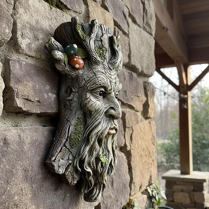 Old Man Tree Face Hugger Outdoor Decor, Handmade Tree Art Resin Statue with Foliage & Mushroom Details, Whimsical Hanging Yard Art for Garden Wall Fence