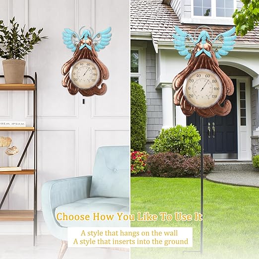 MUMTOP Indoor Outdoor Thermometer - Angel Wall Thermometer, Solar Lights Decorative Temperature Thermometer with Garden Stake for Patio, Room, Greenhouse, Outside Decor