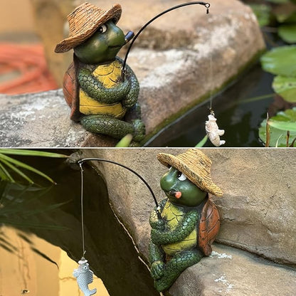 Garden Tortoise Pond Statue Decoration, Fishing Turtle Outdoor Statues for Koi Pond or Waterfall Decor, 9.5" Figurine Poolside Statue, Outdoor Decor, Gifts for Mom