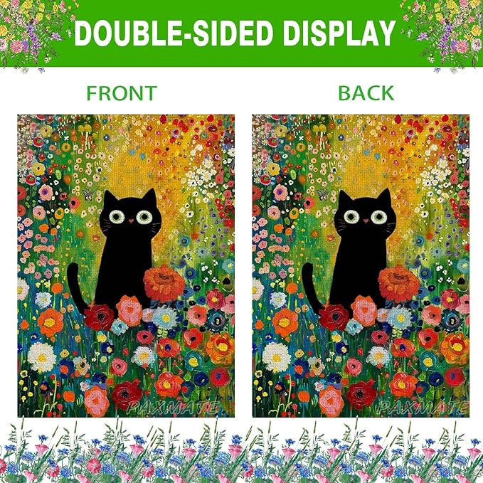 Spring Summer Garden Flag 12x18 Inch Double Sided Outside Black Cat Colorful Floral Flowers Seasonal Holiday Yard Porch Outdoor Decoration