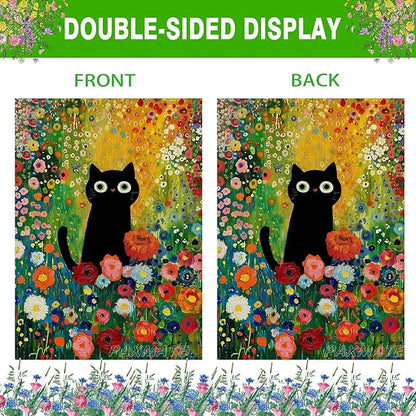 Spring Summer Garden Flag 12x18 Inch Double Sided Outside Black Cat Colorful Floral Flowers Seasonal Holiday Yard Porch Outdoor Decoration