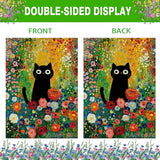 Spring Summer House Flag 28x40 Inch Double Sided Outside Black Cat Colorful Floral Flowers Seasonal Holiday Yard Porch Outdoor Decoration