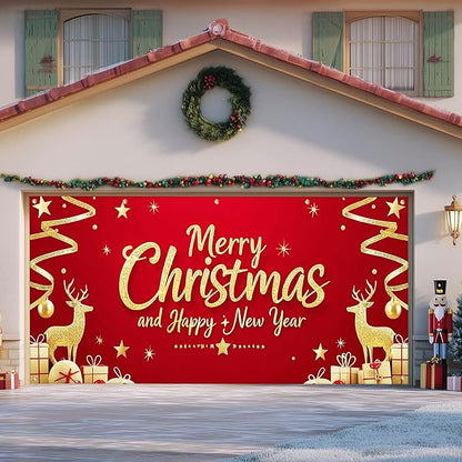 IVN Christmas Garage Door Cover Decoration 13x6ft Santa Glitter Gold Gift Reindeer on Red Holiday Christmas Garage Door Banner Home Garage Door Front Yard Decor for Xmas Eve Holiday Outdoor