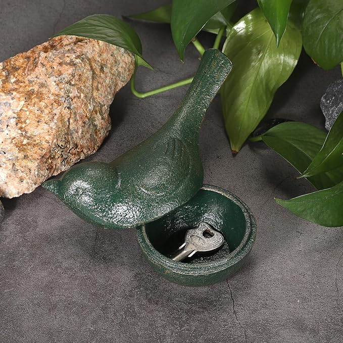 JUXYES Bird Cast Iron Key Hider Outside Spare Door Key Box Outdoor Small Garden Statues Ornament, Bird Indoor Decoration Jewelry Trinkets Box for Key, Ear Studs, Ring, Paper Clip