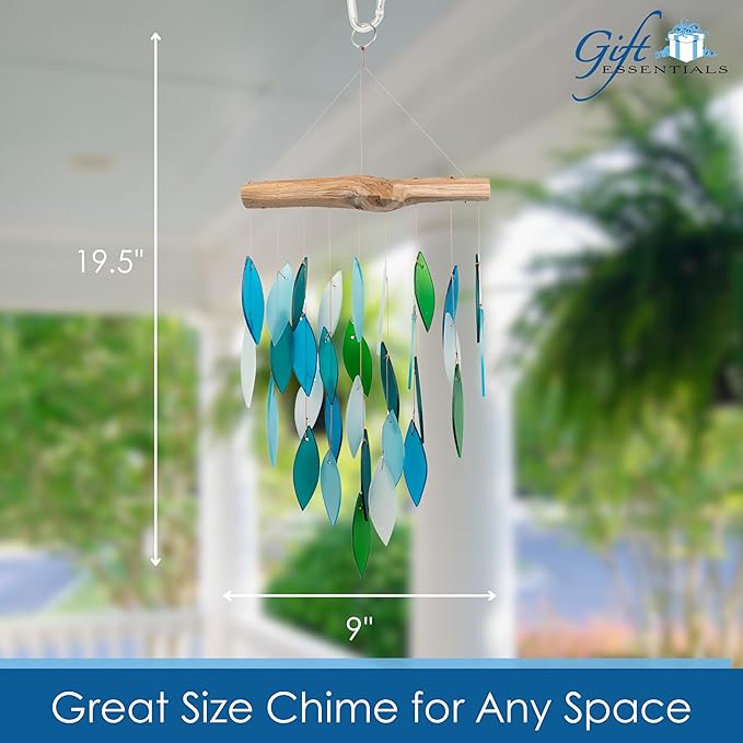 Blue Handworks Ocean Waterfall Glass and Driftwood Chime, Sandblasted Glass and Found Wood Handcrafted Wind Chime