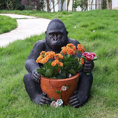 Gorilla Resin Garden Statue Planter, Waterproof Outdoor Yard Lawn Decor Flower Pot, Front Porch Ornament Housewarming Gift(Sitting Gorilla)