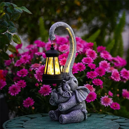 Pohabery Elephant Outdoor Statues with Cute Baby Garden Decor, Resin Elephant Figurines with Solar Lantern Outdoor Decoration Gifts for Mothers Day, Birthday Day