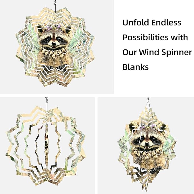 8 Inch Sublimation Wind Spinner, 3D Aluminum Metal Wind Spinner with Hook, Indoor Yard Garden Hanging Decoration, Weather Resistant Rotating Spiral Ornament, Fairy Raccoon
