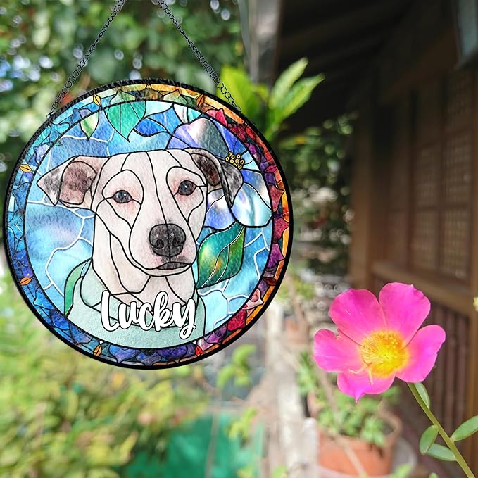 NAZENTI Personalized Pet Ornament Remembrance, Pet Stained Glass Suncatcher, Gifts for Fur Lovers, Custom Name Dog Photo Memorial Ornament Window Hanging, Home Decor, Gift for Loss of Pet Dog Cat