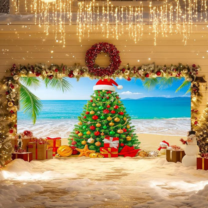 IVN Merry Christmas Garage Door Banner 13x6ft Festive Backdrop with Beach Christmas Tree Garage door cover Photo Prop Background for Joyful Holiday Yard Door Cover Background Outdoor Winter Scene