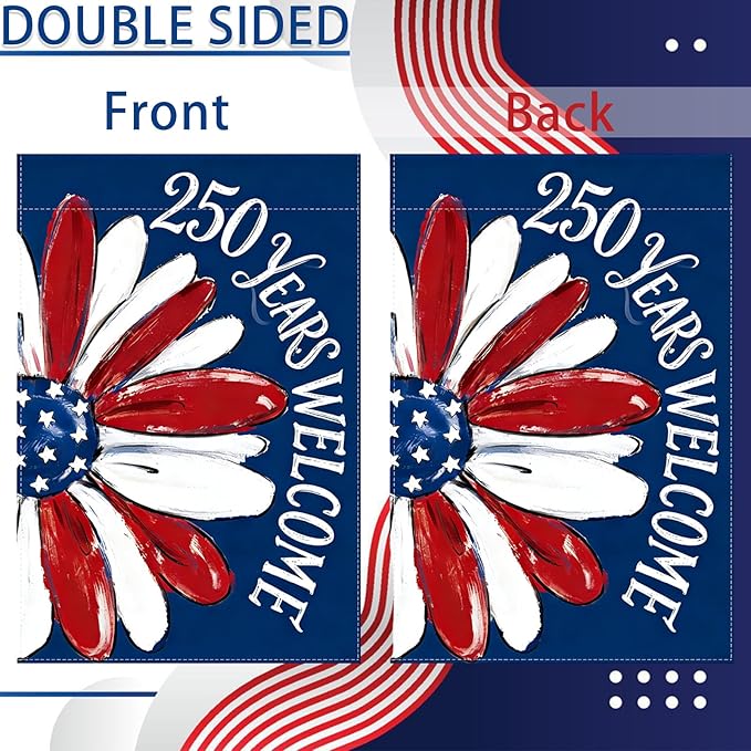 250th Anniversary Garden Flag, Red White Blue Sunflower Garden Flags, 250th Welcome Banner for Independence Day, 12x18 Inch Double Sided 4th of July Garden Flag for Yard & Outside Decor