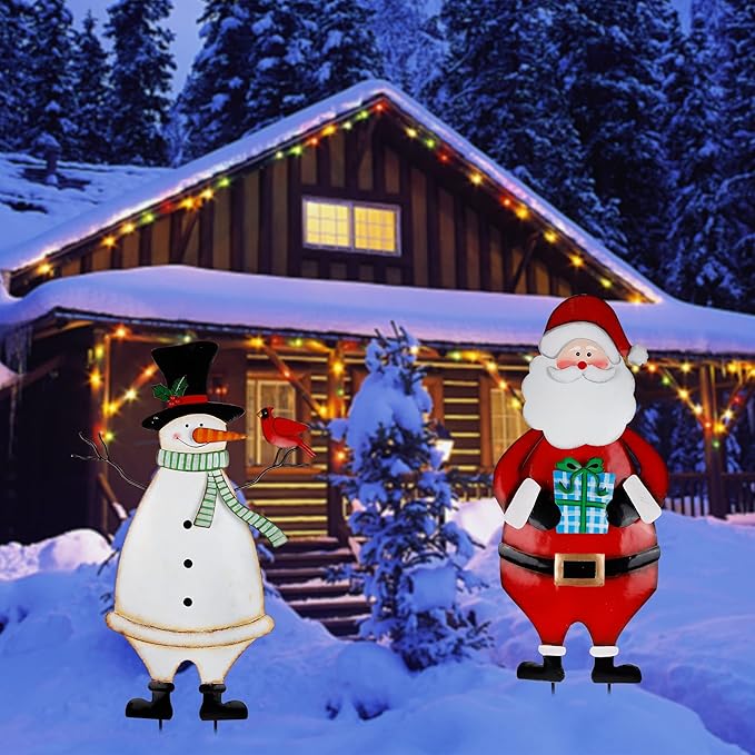 Hausse 2 Pack Christmas Garden Metal Stakes, 31.5 Inch Decorative Snowman and Santa Claus, Xmas Yard Signs for Outdoor Decorations, Holiday New Year Home Decor for Lawn Pathway Patio