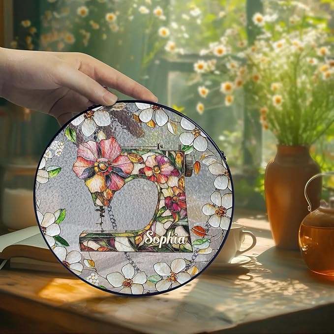 Sewing Machine Stained Glass Suncatcher Window Hanging, Gift for Sewing Lovers Tailor Shop Decor Sew Room Decorations, Quilting Sign Quilter & Sewer Gifts for Women Mom Grandma Sister