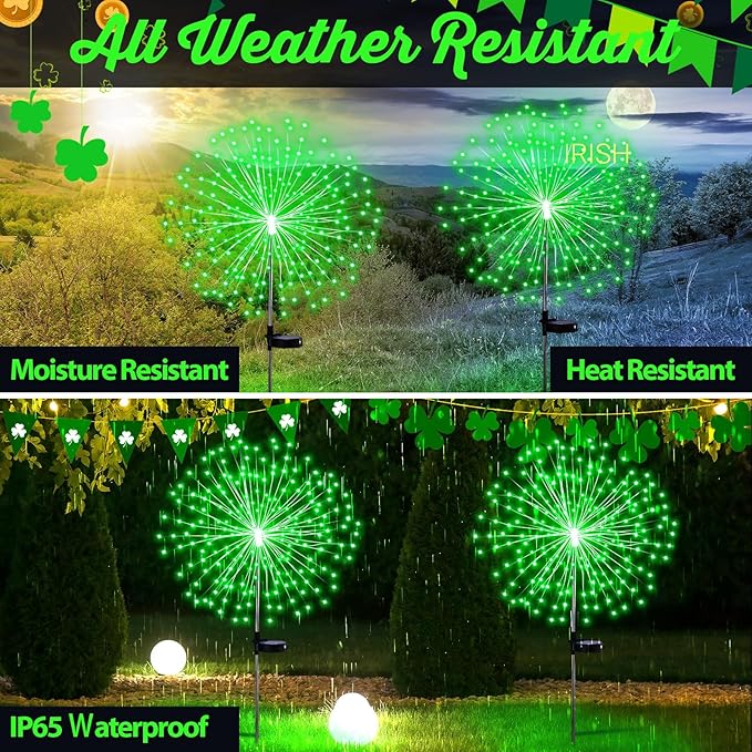 Tujoe 6 Pcs St. Patrick's Day Solar Firework Stake Lights 180 LED 8 Modes Waterproof LED Sparkler Lights Outdoor Decoration for Irish Garden Patio Yard Pathway Walkway Lawn, Green