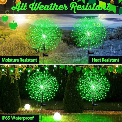 Tujoe 6 Pcs St. Patrick's Day Solar Firework Stake Lights 180 LED 8 Modes Waterproof LED Sparkler Lights Outdoor Decoration for Irish Garden Patio Yard Pathway Walkway Lawn, Green