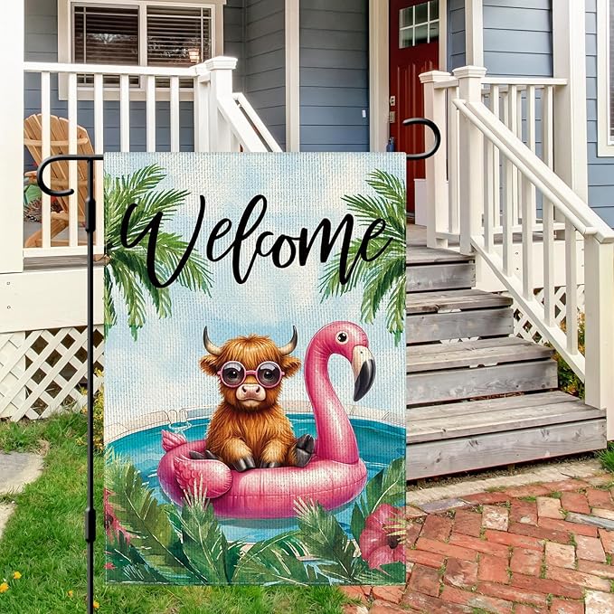 DLZDN Welcome Summer Highland Cow Garden Flag 12×18 Inch Double Side Vertical Burlap Farmhouse Yard Flag Summer Seasonal Outdoor House Decoration