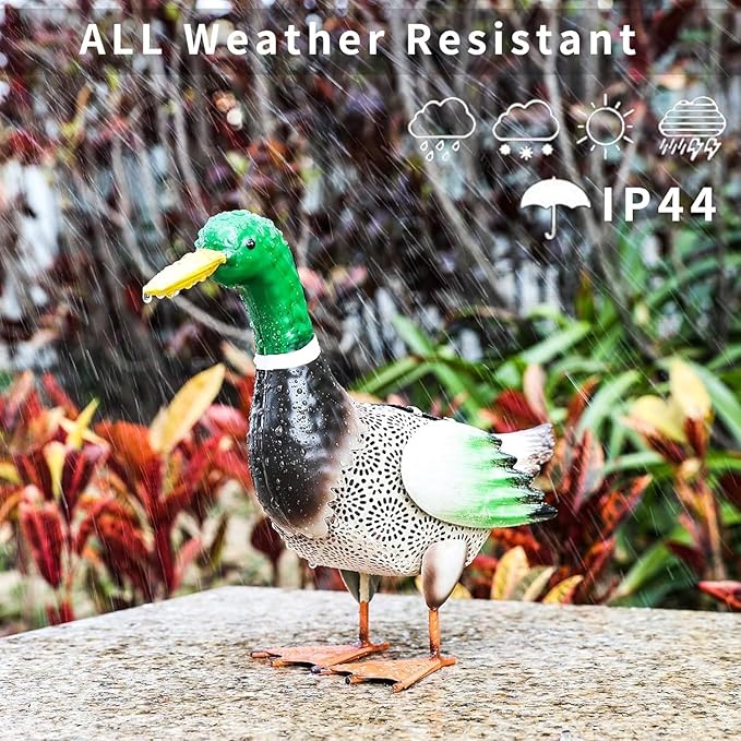 Solar Ducks Outdoor Statue, Hand-Painted Iron Mallard Duck Sculpture, 9.8 x 11.22 Inches Garden Yard Lawn Art Decor for Indoor Outdoor Home Patio Decor Accent