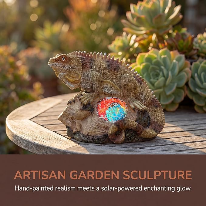 Solar Iguana Lizard Garden Statue Light, Hand-Painted Mosaic Solar Outdoor Decor Light with Dusk to Dawn Sensor, Yard Art Sculpture for Patio Lawn Porch Housewarming Gift