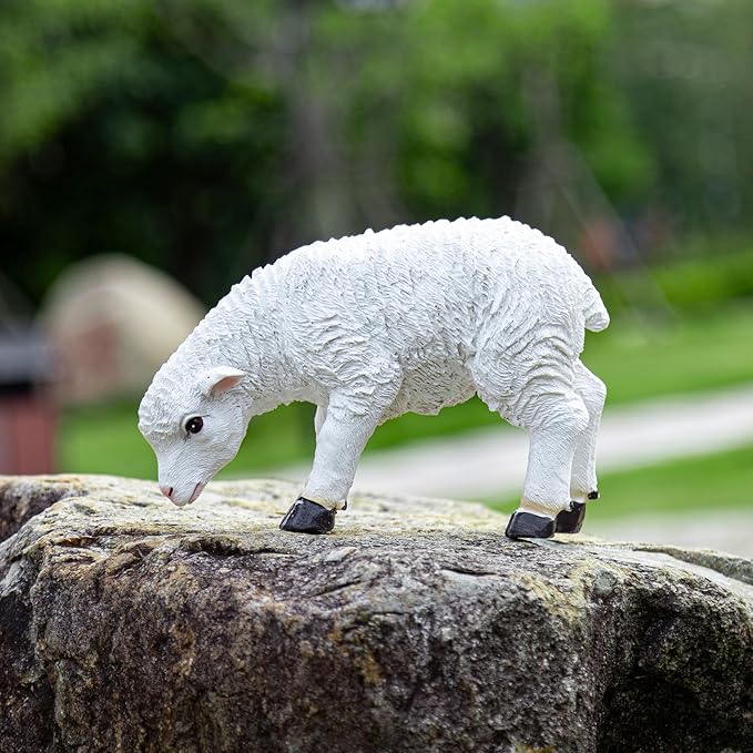 Garden Lamb Statue, White Resin Outdoor Sheep Sculpture, 9x6.3x3.5 Inches Ornament Decor for Yard Patio Landscaping Decor