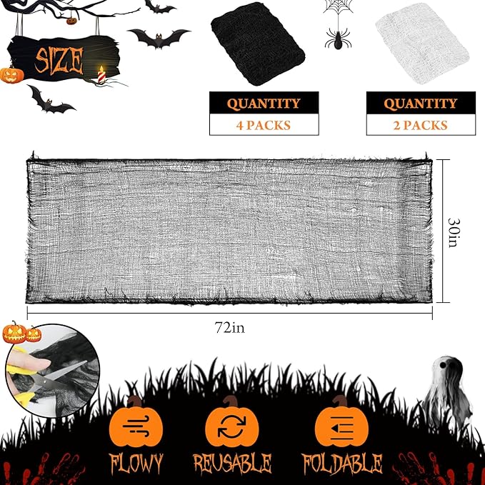 6 Pcs Halloween Decorations Creepy Cloth Indoor Outdoor, Scary Gauze Halloween Party Decoration, Spooky Home Decor Supply for Table Tree Garden Doorway Haunted House Yard Skeleton(Black+White,30x72)