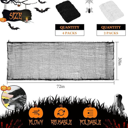 6 Pcs Halloween Decorations Creepy Cloth Indoor Outdoor, Scary Gauze Halloween Party Decoration, Spooky Home Decor Supply for Table Tree Garden Doorway Haunted House Yard Skeleton(Black+White,30x72)