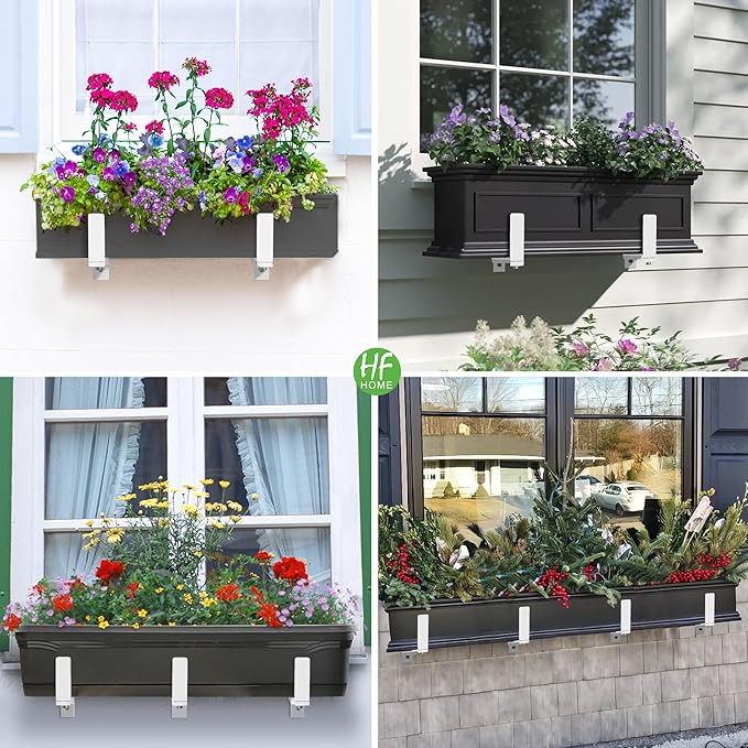 HFHOME 6 PCS Adjustable Planter Box Brackets (6 to 12.5 in), Universal Window Box Brackets, Heavy Duty Metal Flower Box Wall Mounting Hooks for Balcony, Fences, Patio, and Garden - White