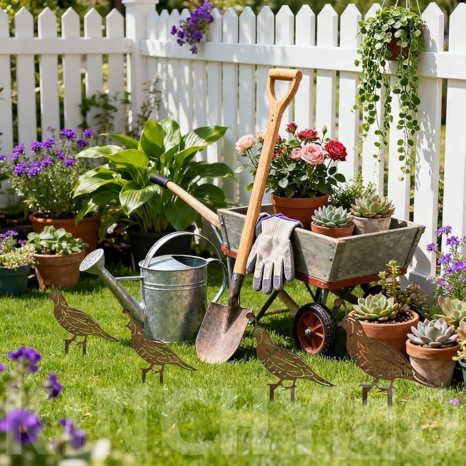 5 Pack Rusty Quail Family Decorative Garden Stakes Metal Birds Statues for Yard Decor Lawn Ornaments