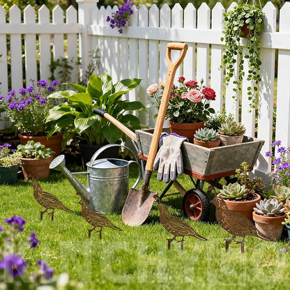 5 Pack Rusty Quail Family Decorative Garden Stakes Metal Birds Statues for Yard Decor Lawn Ornaments