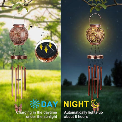 YHmall Solar Wind Chimes for Outside, Butterfly Birthday Gifts for Women Mom, Flower Solar Lantern Windchimes Outdoors, Hanging Memorial Wind Chimes for Garden Decor