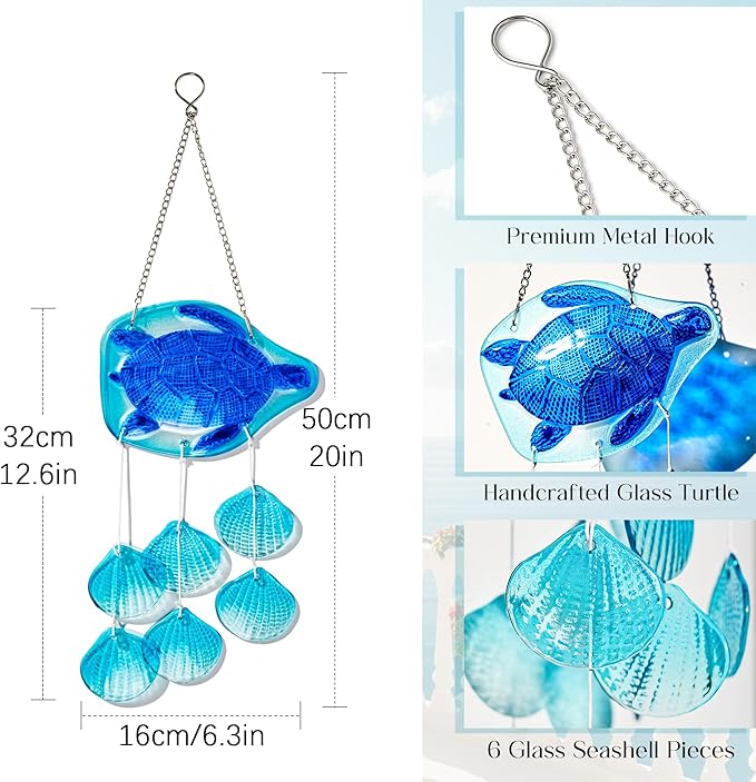 H&D HYALINE & DORA 20 Inch Glass Sea Turtle Wind Chimes Blown Glass Seashell Wind Chimes for Outside Handmade Wind Chime Decorative for Living Room, Bedroom, Beach House