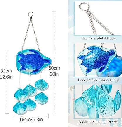 H&D HYALINE & DORA 20 Inch Glass Sea Turtle Wind Chimes Blown Glass Seashell Wind Chimes for Outside Handmade Wind Chime Decorative for Living Room, Bedroom, Beach House