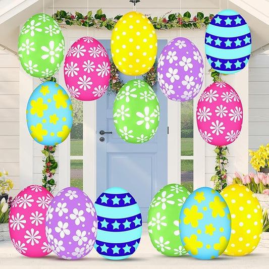 18 Pieces 12 Inch Inflatable Easter Eggs Easter Outdoor Yard Decoration Large Inflatable Hanging Eggs Ornaments Giant PVC Kids Toys for Garden Lawn Party Decor