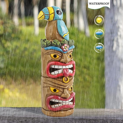 Tiki Statue Totem Pole Decor- 12.32 inch Tall Solar Powered Garden Figurine Tiki Decorations for Tiki Bar Outdoor Patio Balcony Lawn Yard Backyard