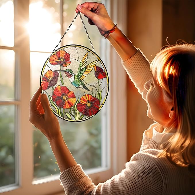 6" Hummingbird Stained Glass Suncatcher, Bird Window Hanging Ornament, Hummingbird Keepsake Theme Gift for Mom, Women, Bird Lovers, Garden Decor and Stained Glass Art for Home Display
