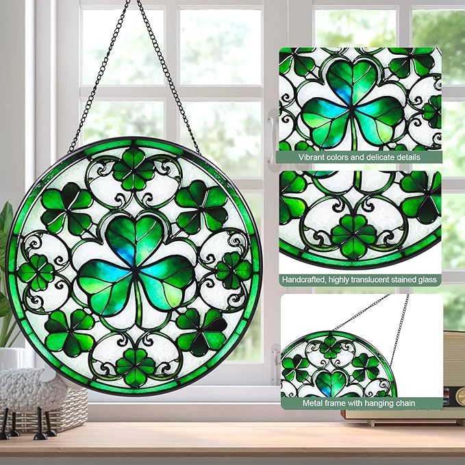 Ireland Green Lucky Clover Stained Glass Window Hanging Suncatcher with Chain - 7.9" Irish Shamrock Outdoor/Indoor Art Decor for Home Garden, St. Patrick's Day, Mother's,Ornaments Present