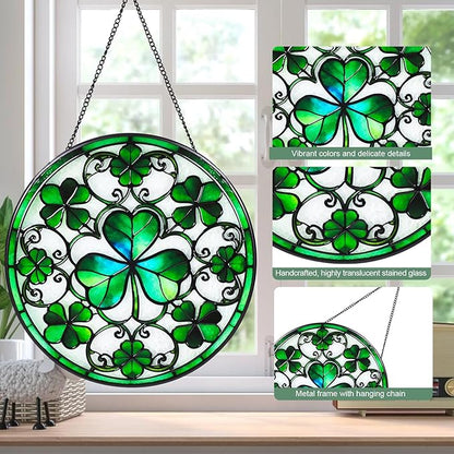 Ireland Green Lucky Clover Stained Glass Window Hanging Suncatcher with Chain - 7.9" Irish Shamrock Outdoor/Indoor Art Decor for Home Garden, St. Patrick's Day, Mother's,Ornaments Present