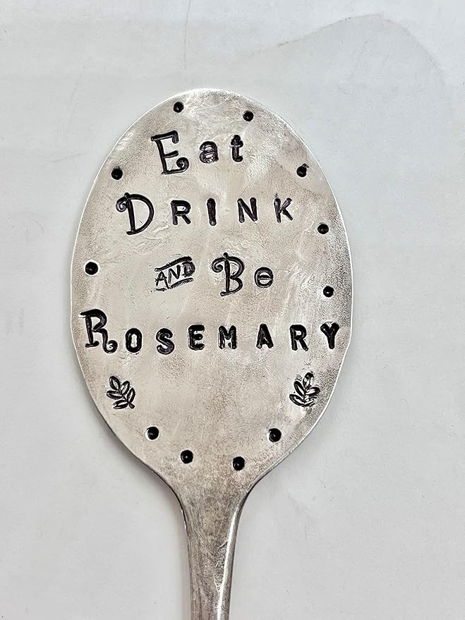 Funny Herb Marker, Eat Drink and Be Rosemary, Vintage Silver plate Spoon hand stamped one letter at a time, Great gift for a gardener