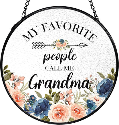 Grandma Gifts Suncatchers Stained Glass Window Hanging, Grandmother Gifts for Mother's Day, My Favorite People Call Me Grandma Sun Catchers Indoor Window, 7.9x7.9in