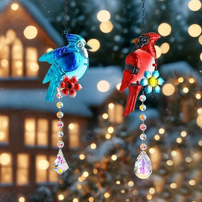 Cardinal and Blue Jay Suncatchers, Stained Glass Birds Hanging Ornament for Christmas Windows, Crystal Bird Sun Catcher Outdoor Decor