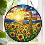 Rngmsi Stained Glass Window Hanging Cross, 8 Inch Sun Catcher Christian Cross and Sunflower Gift, Religious Easter Faith Christian Gifts for Wall Art Hanging Decorations