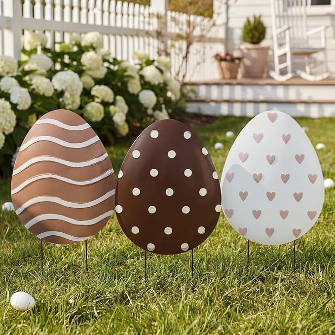 Frienda 3 Pack Metal Easter Eggs Yard Signs Outdoor Decoration 14inch Easter Decorative Garden Stakes Rustic Farmhouse Holiday Decor for Spring Home Pathway Walkway Front Yard Lawn Party Supplies