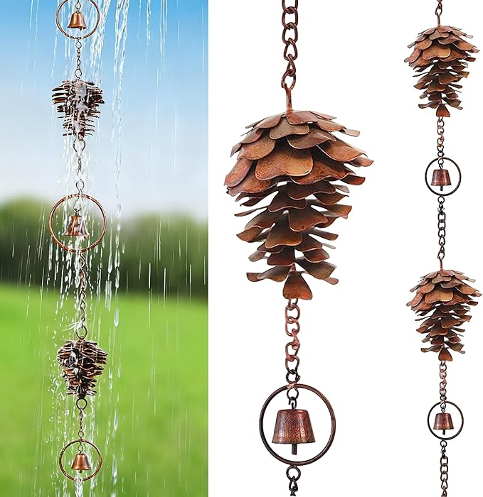 Rain Chain Home Decor, Outdoor 3.54 FT Rain Catcher Chain for Gutter Downspouts Divert for Roof Porch Lawn Gazebos Garden Drainage Eaves Decor (Pinecone) (Pinecone)