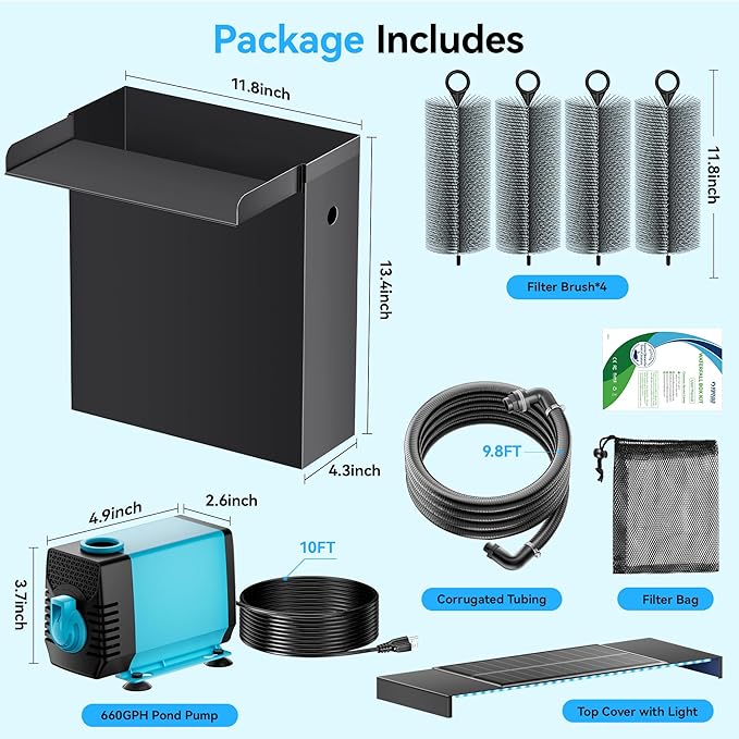 POPOSOAP Pond Waterfall Spillway Kit with LED Lights, 13.4" H x 12" W Stainless Steel Spillway with 660GPH Pond Pump, Filtration, 10FT Corrugated Tubing Waterfall for Water Garden, Backyard, Pool