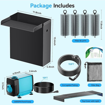 POPOSOAP Pond Waterfall Spillway Kit with LED Lights, 13.4" H x 12" W Stainless Steel Spillway with 660GPH Pond Pump, Filtration, 10FT Corrugated Tubing Waterfall for Water Garden, Backyard, Pool