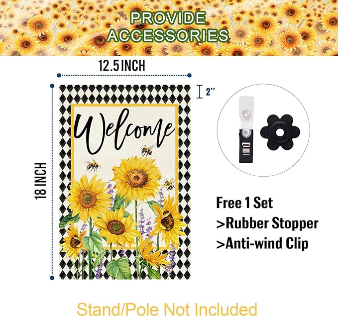 Baccessor Spring Summer Garden Flag 12.5x18 Inch Double Sided Burlap, Sunflowers Floral Flowers Welcome Holiday Front Yard Lawn Outdoor Outside Decoration