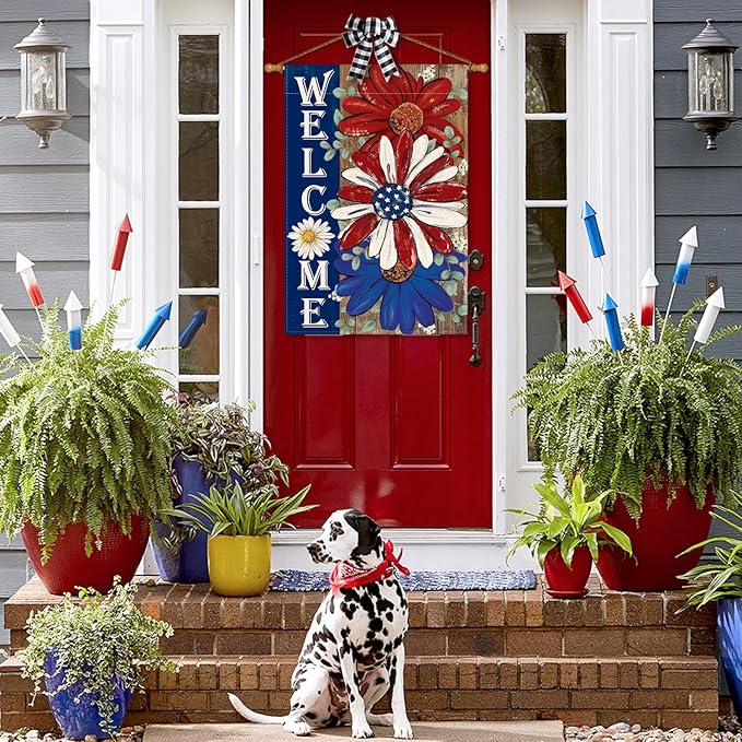 AVOIN colorlife Patriotic 4th of July House Flag 28x40 Inch Double Sided Outside, Floral Welcome Daisy Holiday Yard Outdoor Decoration