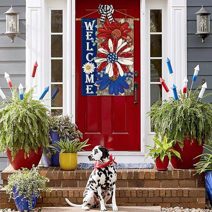 AVOIN colorlife Patriotic 4th of July House Flag 28x40 Inch Double Sided Outside, Floral Welcome Daisy Holiday Yard Outdoor Decoration